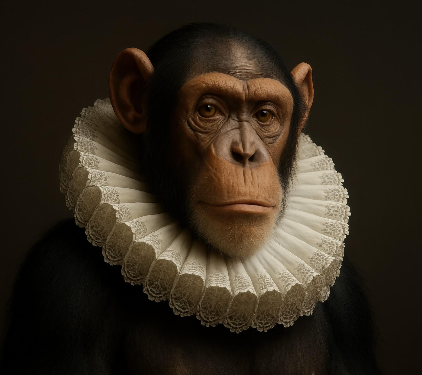 A chimpanzee in a grand white ruff stares solemnly ahead, lit dramatically against a dark background.