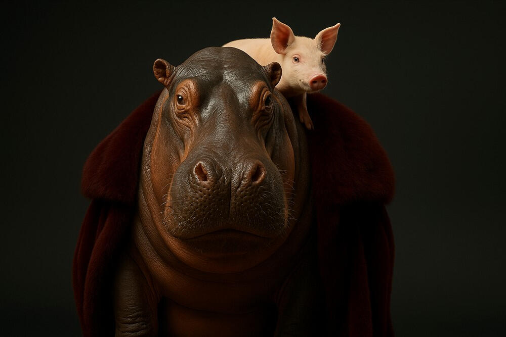 A hippo in a burgundy cloak with a piglet on its back, both posing regally against a dark background.