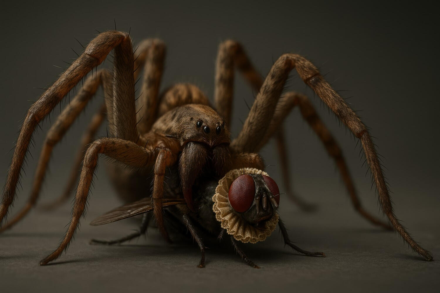 A spider clutches a fly wearing a tiny lace ruff, blending eerie naturalism with surreal detail.