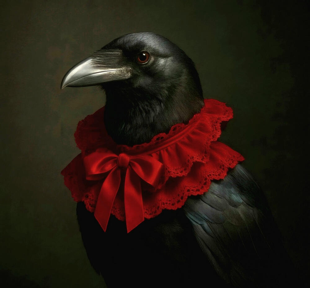 A stately raven adorned with a vivid cardinal red lace ruff and matching satin bow. Set against a moody, dark background, the portrait balances avian elegance with theatrical flair, evoking the drama of baroque fashion and gothic symbolism.