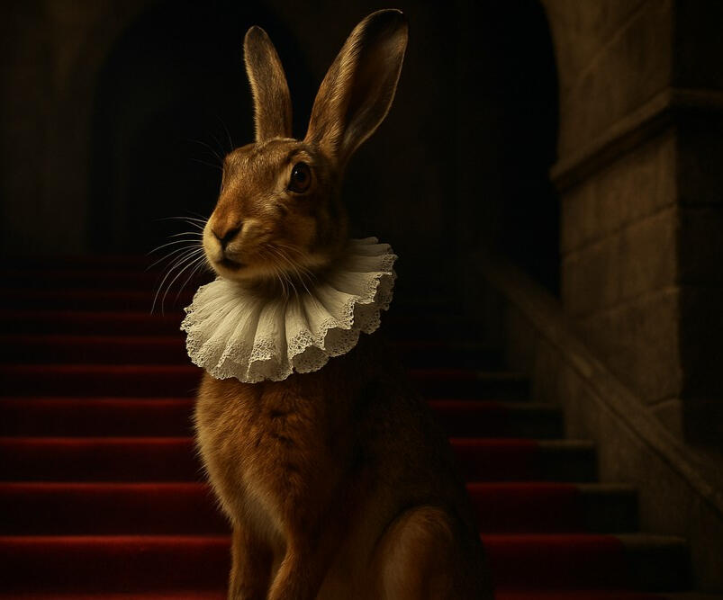 A hare in a white lace ruff poses formally on a red-carpeted staircase in a dim stone hall.