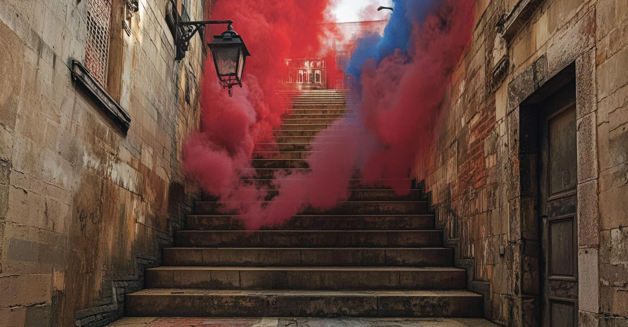 Red and blue smoke clouds swirl and hover mid-staircase, forming a surreal contrast with reality.