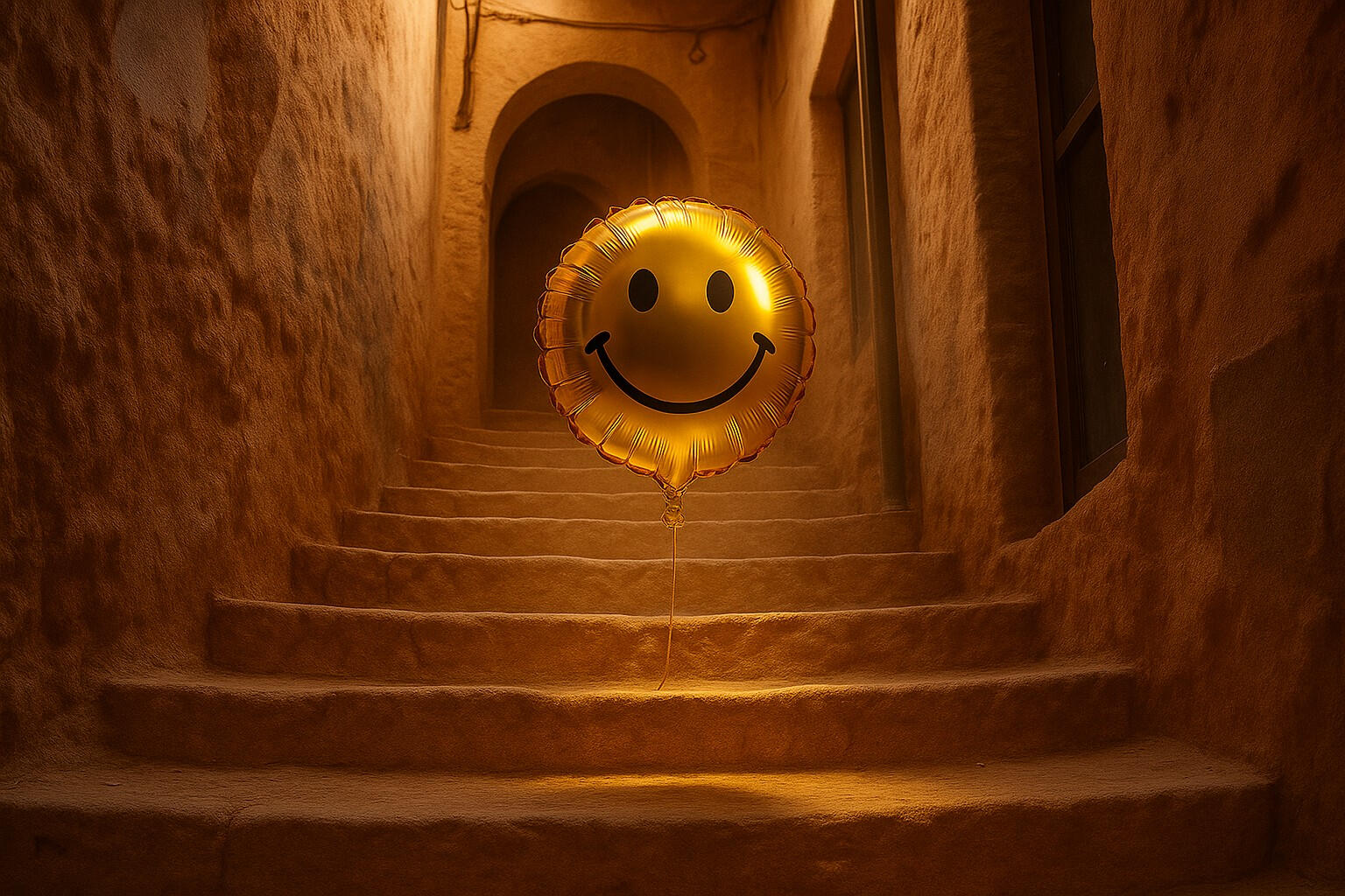 A shiny smiley-face balloon floats alone on clay steps in warm light, creating a surreal and eerie sense of contrast.