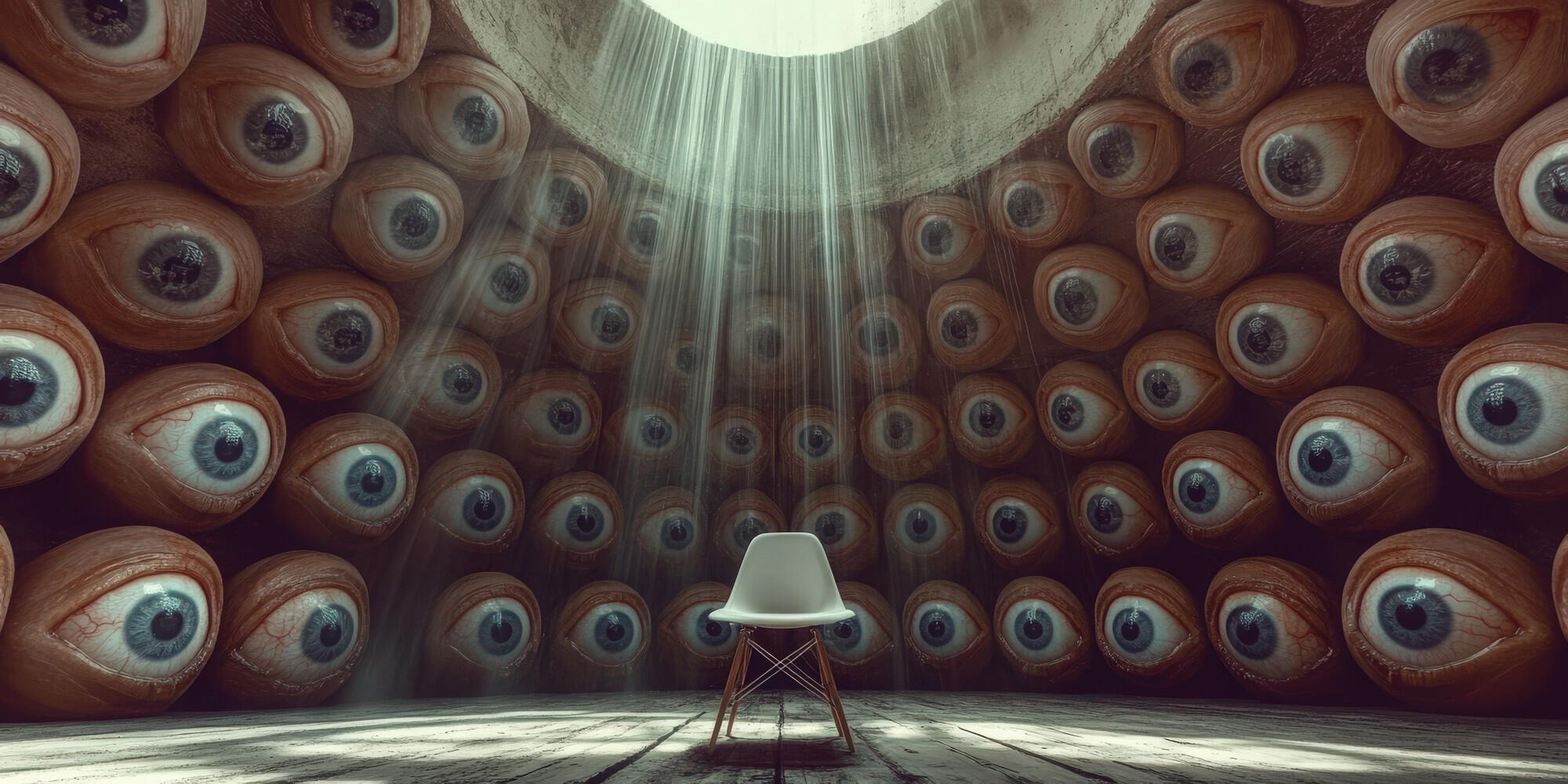 A white chair sits under a spotlight in a circular room whose walls are covered with rows of large, realistic human eyes staring inward.
