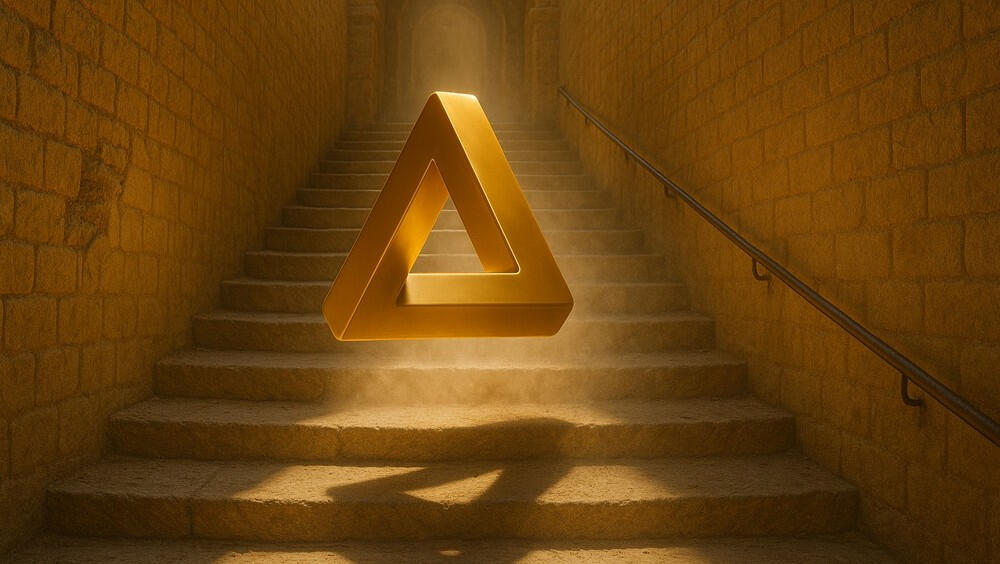 A golden Penrose triangle floats midair on sunlit stone stairs, defying geometry and gravity.