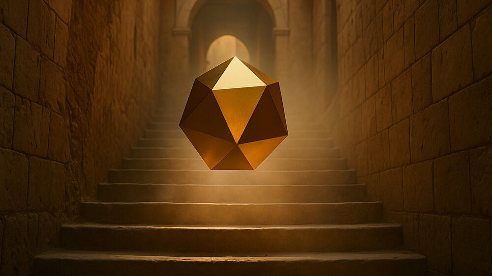 A golden polyhedron floats above stone stairs in warm light, defying gravity in a surreal, ancient hallway.