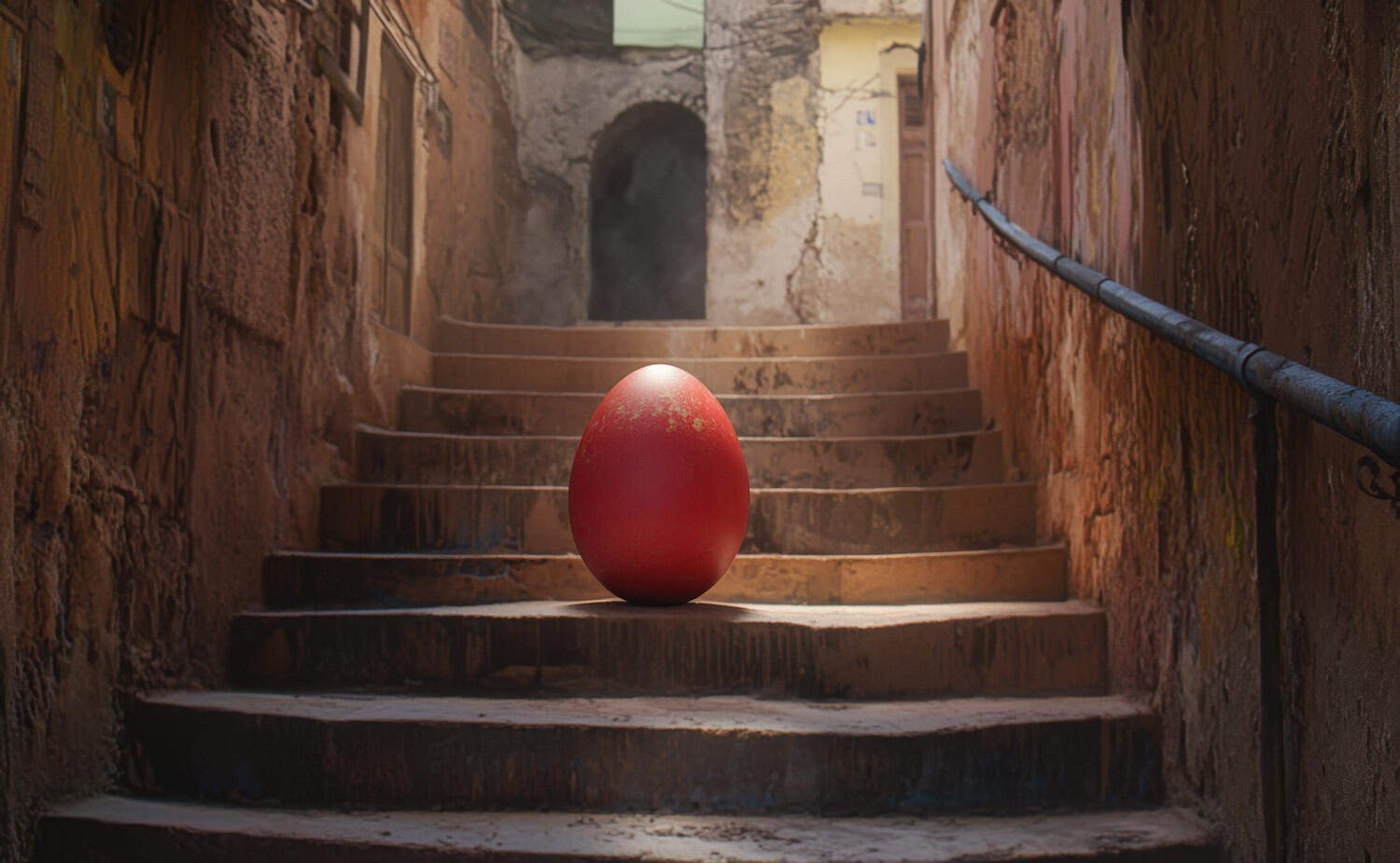 A crimson, gold-speckled egg sits alone on a sunlit, crumbling stairway in a ruined alley.