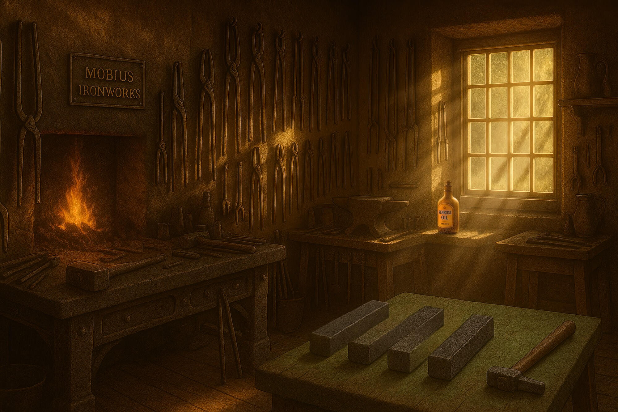A blacksmith shop labeled Mobius Ironworks, with an Impossible Fork on the table and a bottle of Penrose Oil by the window.