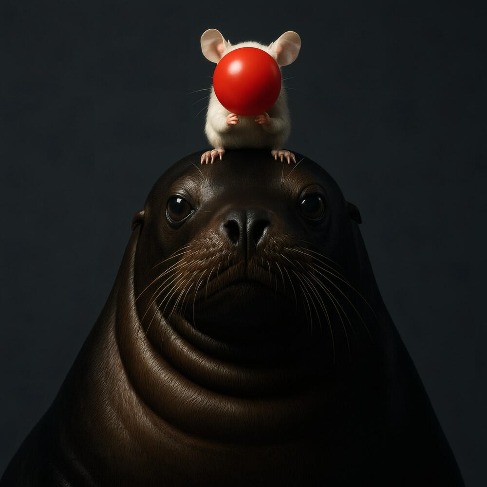 A seal stares forward while a shy mouse with a red ball covering its face balances on its head, blending surrealism with humor.