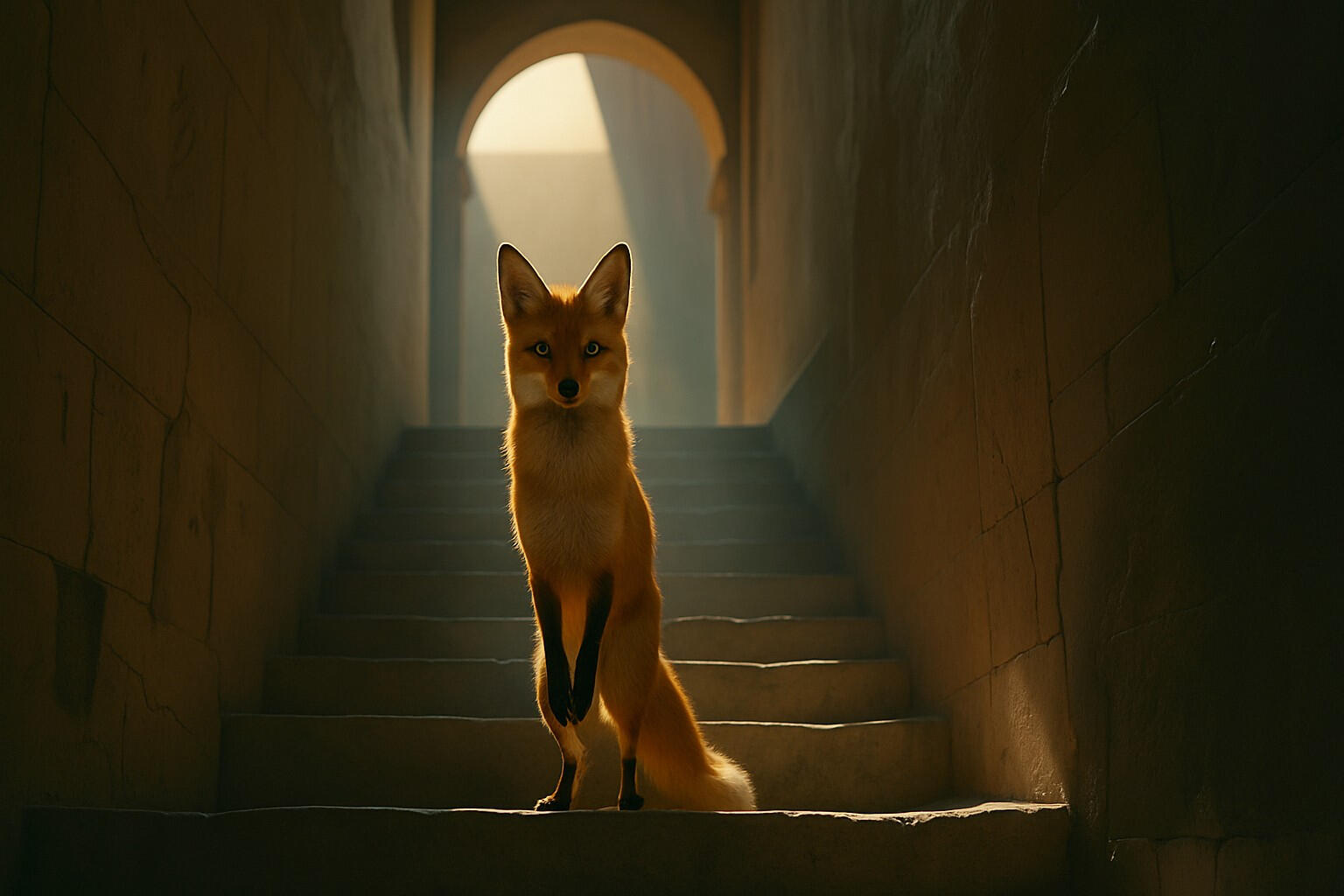 A fox stands still on stone steps in soft light, framed by shadows and arches in a surreal, impossibly quiet scene.