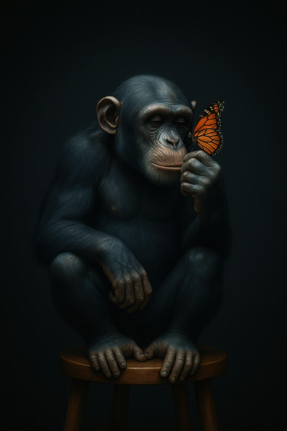 A chimpanzee sits on a stool, gently holding a monarch butterfly, lost in quiet focus against a dark background.