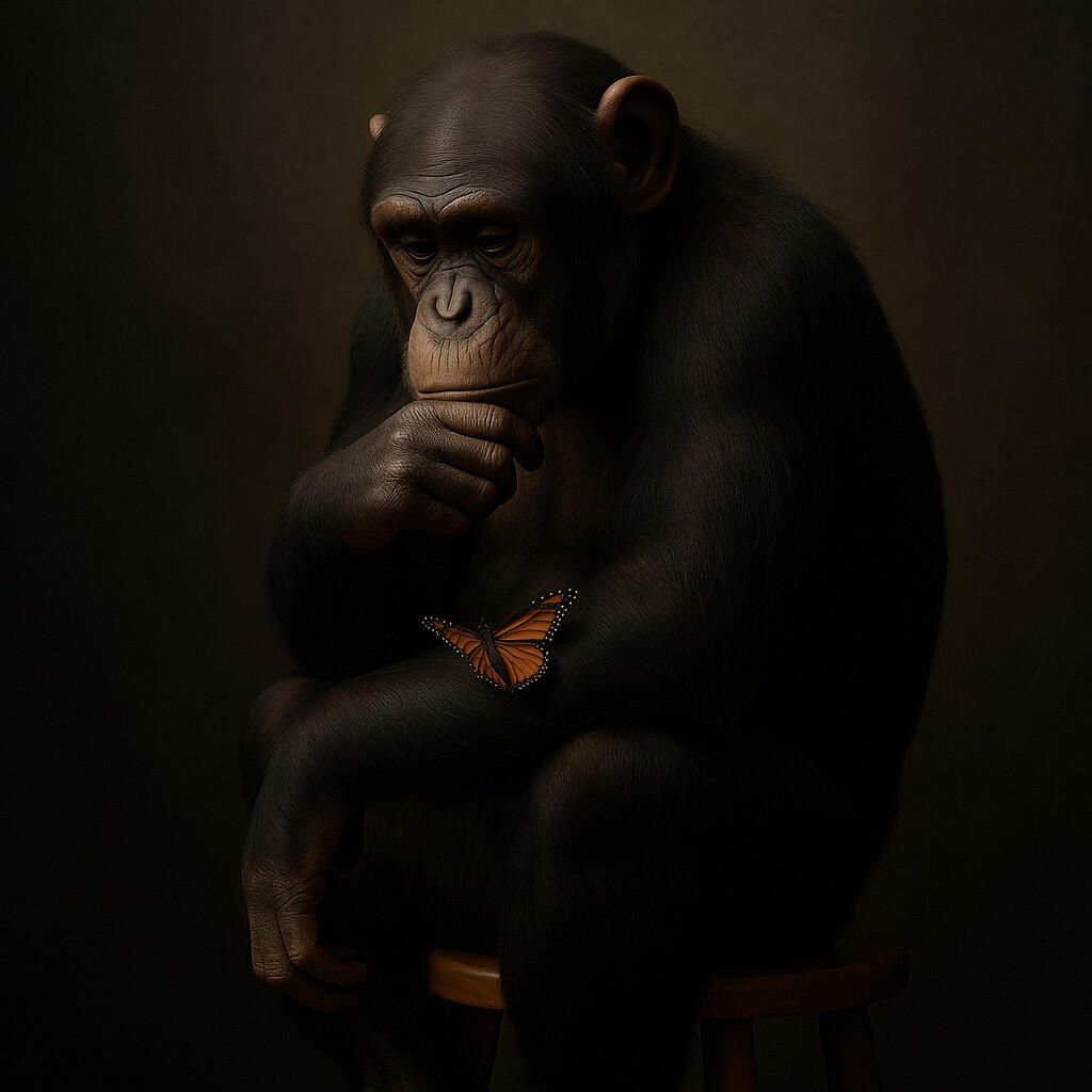 A thoughtful chimpanzee sits with chin in hand, gazing at a monarch butterfly resting gently on its arm.