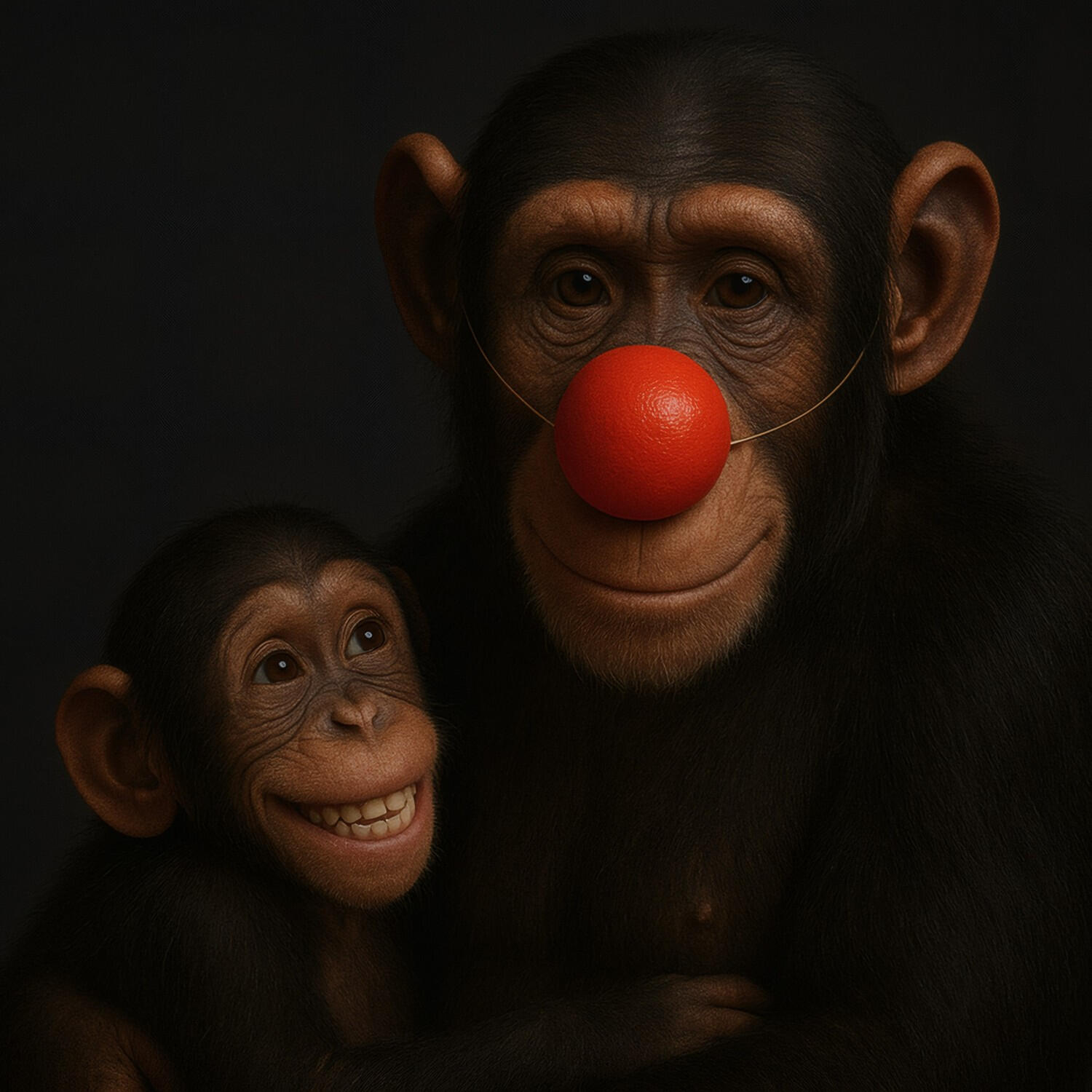 A smiling baby chimp hugs an adult chimp wearing a red clown nose, both framed against a dark background.