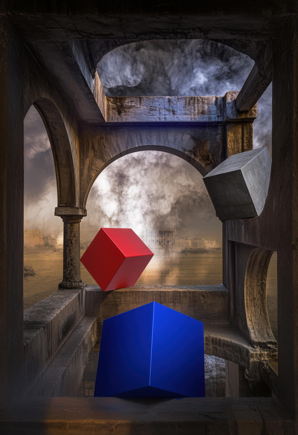 Three colored cubes—red, blue, and gray—float inside a crumbling stone structure under stormy skies in a surreal, dreamlike scene.