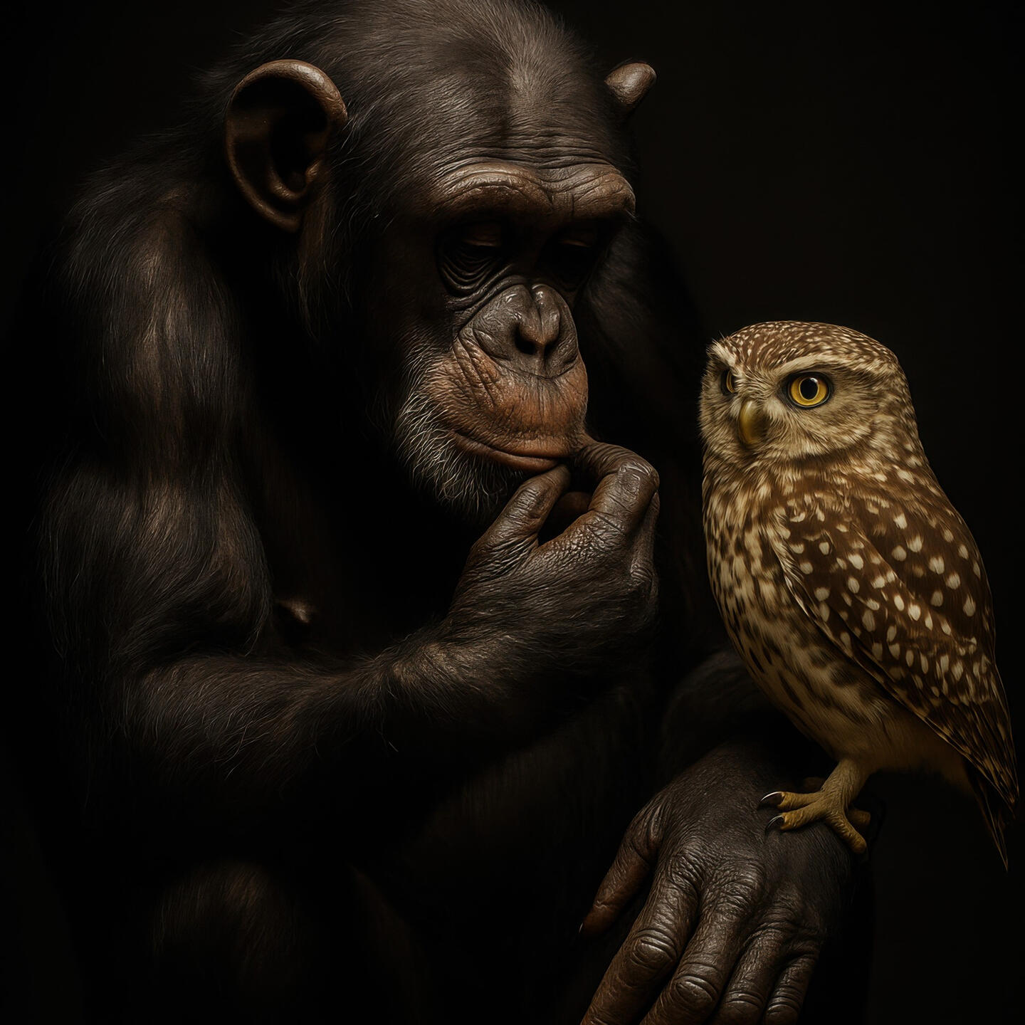 A chimpanzee sits thoughtfully on a stool with a spotted owl perched calmly on its arm, both framed against a dark background.